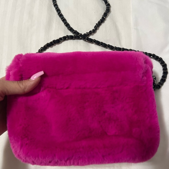Pink Fur Crossbody Bag with Rhinestone Detail - Picture 3 of 5